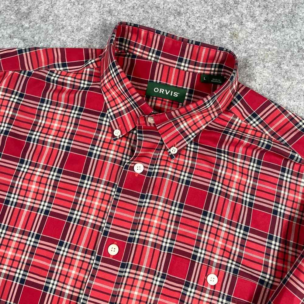 Orvis Mens Button Down Shirt Size L Red Plaid Wrinkle Free Long Sleeve